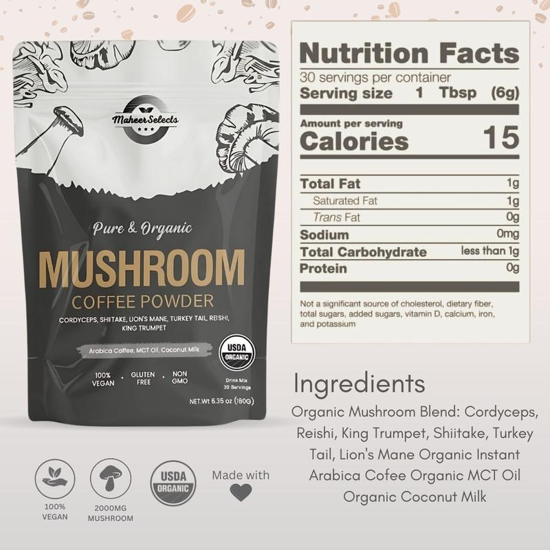 MaheerSelects Premium Mushroom Coffee Powder withbox Complete Coffee Set 100% REAL, USA Grown Instant Coffee for Better Energy, Focus, Digestion, Immunity with Lions Mane & Turkey Tail, 30 servings