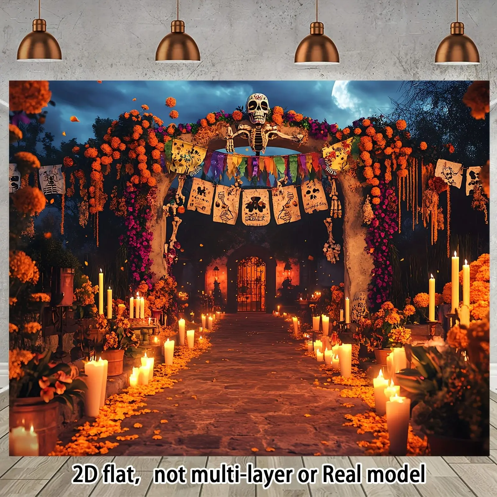 Stain-Resistant White Polyester Day of the Dead Print Banner, Mexican-Themed Decoration with Skeleton, Lanterns, Floral Accents & Flowers, High-Quality Backdrop for Themed Events, Photo Booths