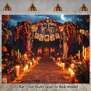 [Vibrant Day of the Dead Banner] Vibrant Mexican-Themed Day of the Dead Party Banner | High-Quality Polyester Photography Backdrop with Skeleton, Lanterns & Floral Decorations, Perfect for Themed Events, Photo Booths & Festive Decorations White