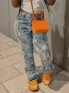 Women's Vintage Fringed Distressed Jeans Y2K 90s Street Style Hip Hop Fashionable Flare Jeans for All Seasons Denim Tears Light Blue Minimalist Womenswear Bottom baggy jeans