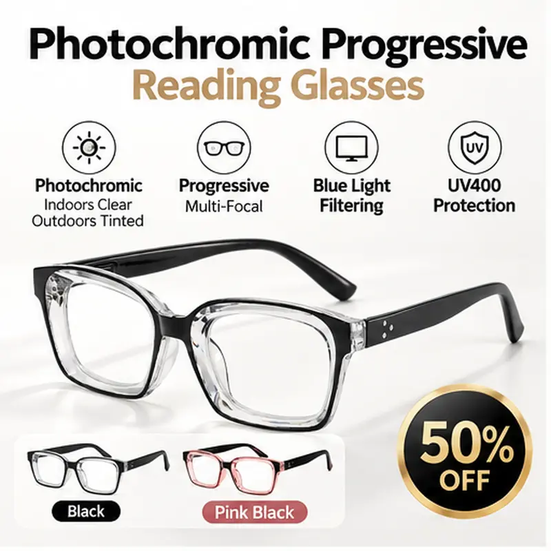 Unisex photochromic progressive reading glasses with square frame