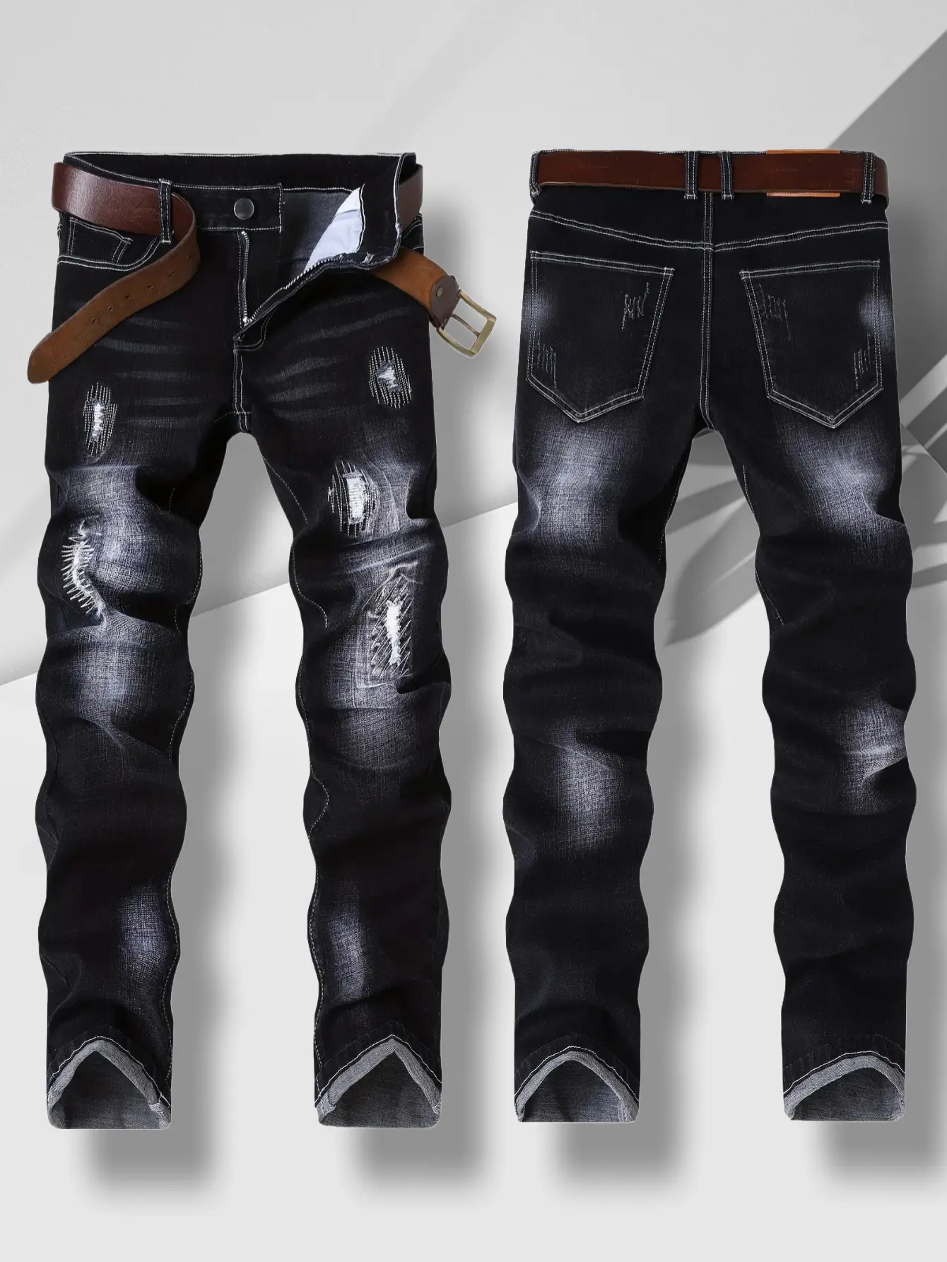 Men's jeans, stretch ripped jeans with embroidery, slim fit, dark blue distressed men's pants, suitable for all seasons compression  pants  ripped  jeans jeans  n  s it through high street jean fashion boy summer kuul  garments Casual Menswear