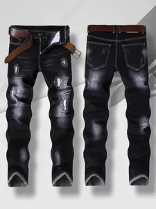 Men's jeans, stretch ripped jeans with embroidery, slim fit, dark blue distressed men's pants, suitable for all seasons compression  pants  ripped  jeans jeans  n  s it through high street jean fashion boy summer kuul  garments