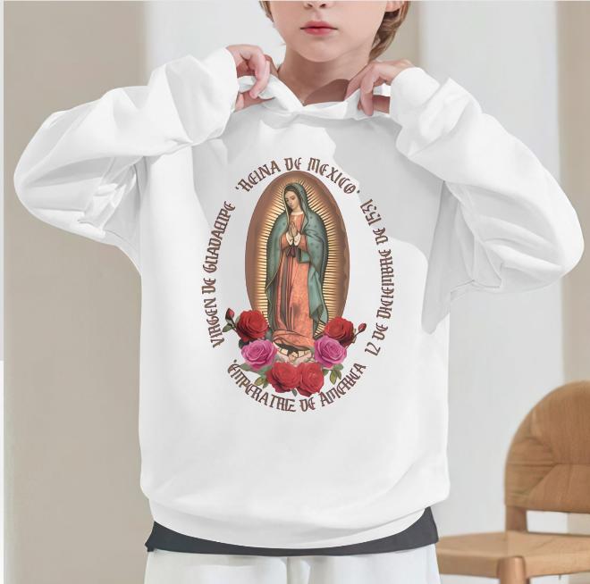 Girls' Mexican Virgin of Guadalupe Hooded Sweatshirt Vibrant Pink Religious Apparel Cozy Fall Winter Pullover for Catholic Girls Soft 100% Cotton Fabric Machine Washable