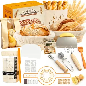 Complete Sourdough Starter Kit for Beginners & Manual | Sourdough Bread Baking Supplies with Round & Oval Banneton Bread Proofing Basket, Bread Sling, Starter Jar, Dough Whisk, Scrapers & Bag