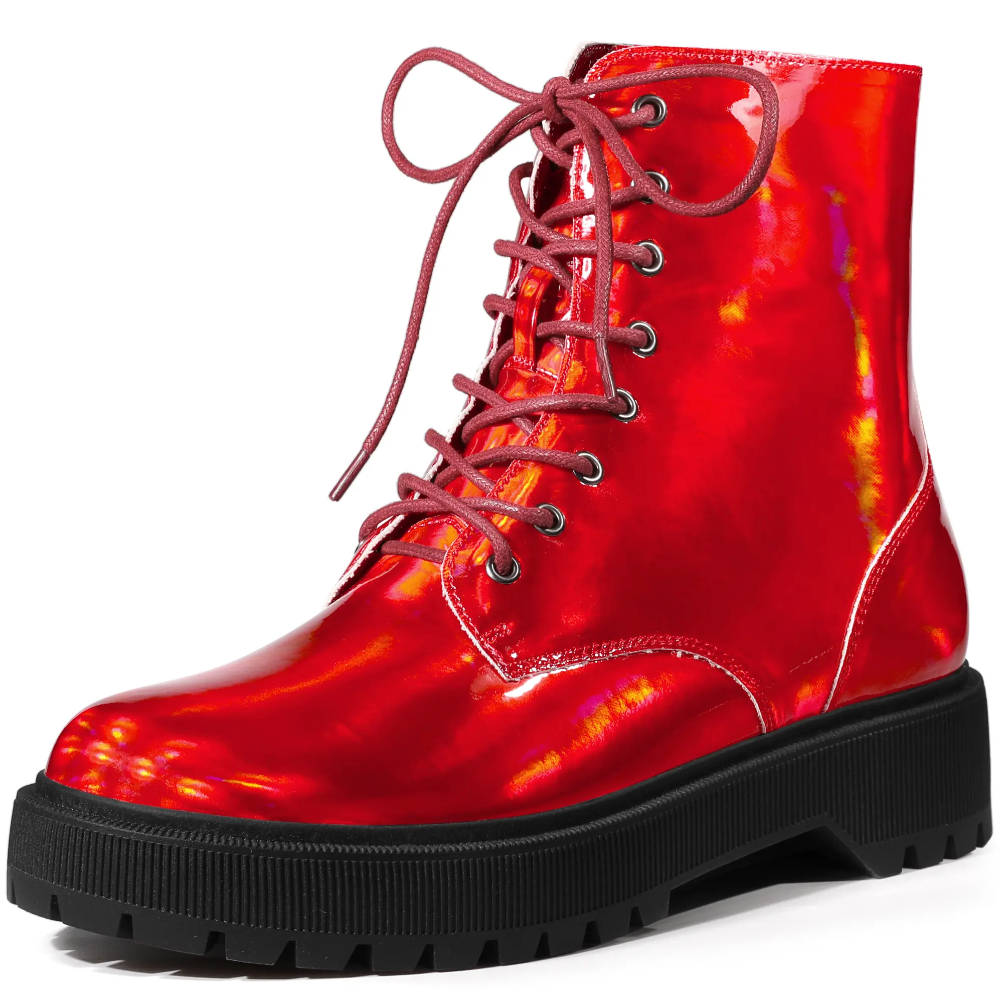 BLISSFUL STEP Round Toe Platform Lace Up Colorful Combat Ankle Boots