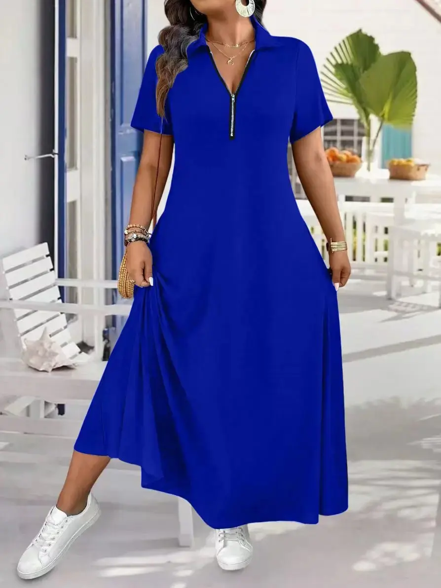 Women's Plus Size Casual Maxi Dress Short Sleeve Polo V-Neck Zipper Long A-Line Flowy Dresses (S-5XL), Light, Silky,summeroutfits,vacationoutfits,beachoutfits