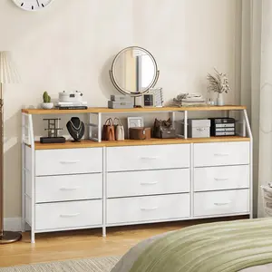 Homkdom 55"W Dresser with 13 Deep Fabric Drawers & 2 Open Shelves, Long Storage Chest for Bedroom, Entryway, Dorm Room, Large Vanity Organizer