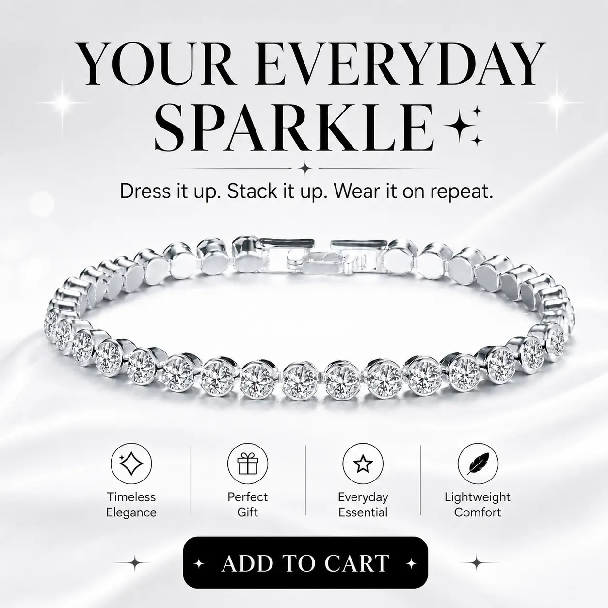 Women's Silver-Tone Round Crystal Tennis Bracelet - Dainty Look Rhinestone Chain, Lightweight 17cm Costume Jewelry with Secure Lock, Ideal Birthday Gift for Everyday Wear