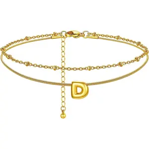 Initial Ankle Bracelets for Women Waterproof, 14K Gold Plated Layered Initial Anklets Non Tarnish, Adjustable Stainless Steel Women's Ankle Summer Beach Foot Jewelry