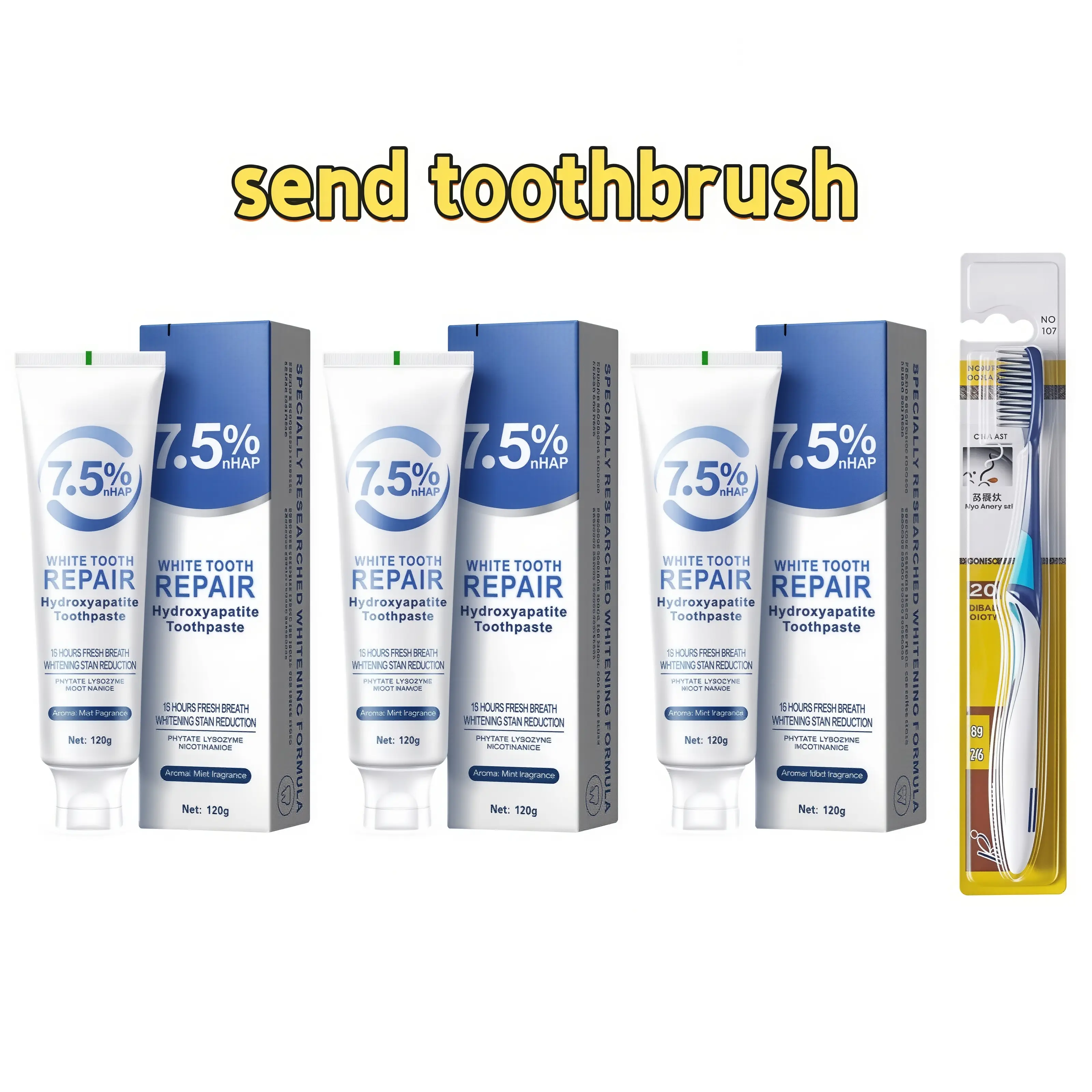 3pcs Hydroxyapatite Tooth Whitening, 7.5% Nano Whitening Toothpaste, send toothbrush，Brightens Teeth, Freshens Breath, Ideal Gift for Women, Suitable for Home and Travel, Essential for daily oral health and hygiene, oral care，A gift for a friend