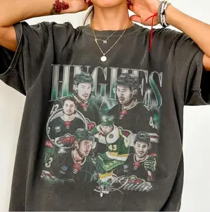 #Quinn Hughes Minnesota Hockey Bootleg Comfort Colors T-shirt, short sleeves, crew neck, for men and women, fans, suitable for all seasons.