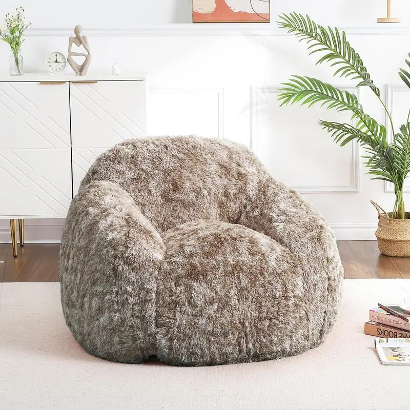 Faux Fur Compressed Beanbag Armchair with Filler - Soft Foam Lounger, Durable Vibrant Plush Fabric Single Seat Couch, Adult-Fit Indoor Living Room Reading Furniture