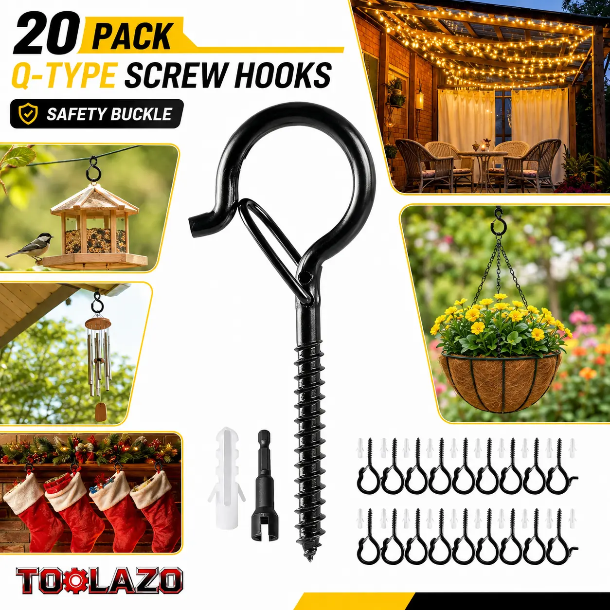 TOOLAZO 20-Pack Q-Type Screw Hooks with Safety Buckle, Outdoor Hanging Hooks with Drill Bit and Anchors for String Lights, Flower Baskets, Holiday Decorations, Bird Feeders, Wind Chimes, Patio, Fence & Eaves Stainless Steel Nylon Insert Locknuts
