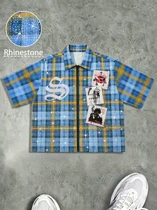 Men's Rhinestone plaid cut zipper shirt, Y2K shiny silk screen printed coarse fabric shirt, loose streetwear, suitable for cutting hemlines, ideal choice for streetwear, parties, and casual wear, suitable for Y2K and fashion enthusiasts