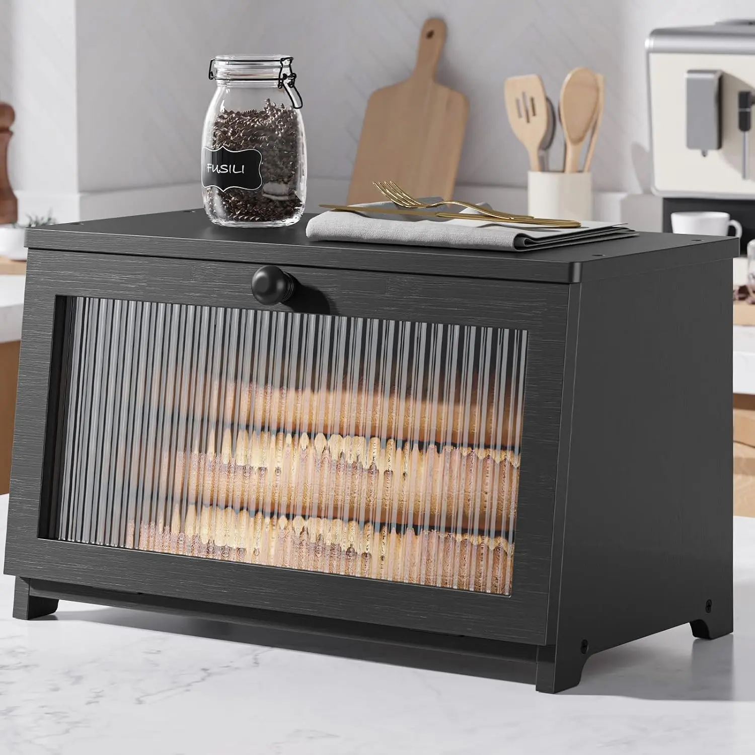 1-Tier Wooden Bread Box for Kitchen Countertop - Black Bread Storage Cabinet with Clear Window, Large Capacity Kitchen Counter Organizer for Loaves & Pastries