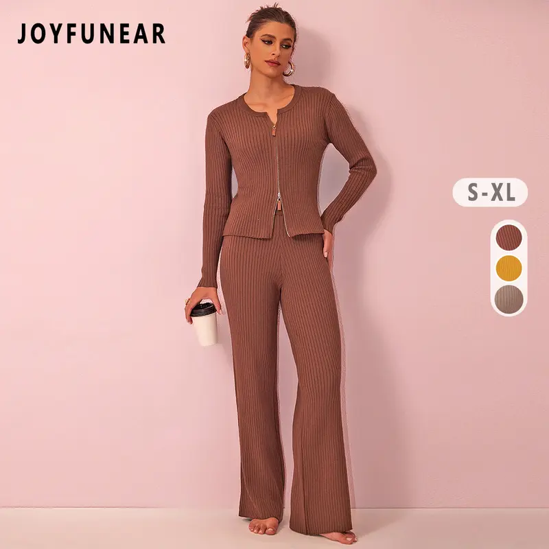 Joyfunear Women's Casual Solid Color Ribbed Knit Zip-Up Cardigan & Wide-Leg Pants Set - Adjustable Fit, Long Sleeves, Loungewear Suit Matching