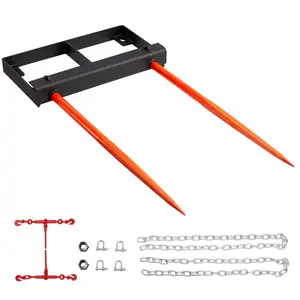 【fathersdaygift】VEVOR 49" Hay Spear, Bale Spears 3000lbs Loading Capacity, Skid Steer Loader Tractor Bucket Attachment with 2pcs 17.5" Stabilizer Spears and 60" Chain, Quick Attach Spike Forks