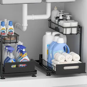 2-Tier 2 Pack Black Premium Metal Pull-Out Under Sink Organizer Storage with Sliding Drawer, Height Adjustable Heavy Duty for Kitchen & Bathroom Cabinet