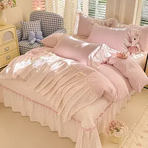 3Pcs Ultra Soft Comfortable fabric Pink and Purple Wide Ruffles Duvet cover set (Includes 1 Duvet Cover and 2 Pillowcases, No Filling), Single Double, Queen Suitable for All Seasons
