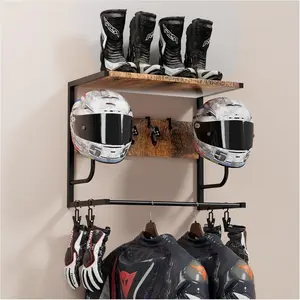 Wall Mounted Motorcycle Helmet Holder Rack with 4 Glove Chips and 4 Hooks, Rustic Holder for Most Helmets and Clothes