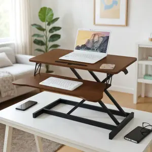 32" Desk Converter, Height Adjustable Sit to Stand Riser, Dual Monitor & Laptop Workstation w/Wide Keyboard Tray, Walnut