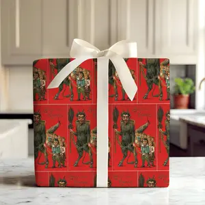 Krampus Devil Christmas Gift Wrap Paper, Red Vintage Folklore Design, Creepy Holiday Wrapping