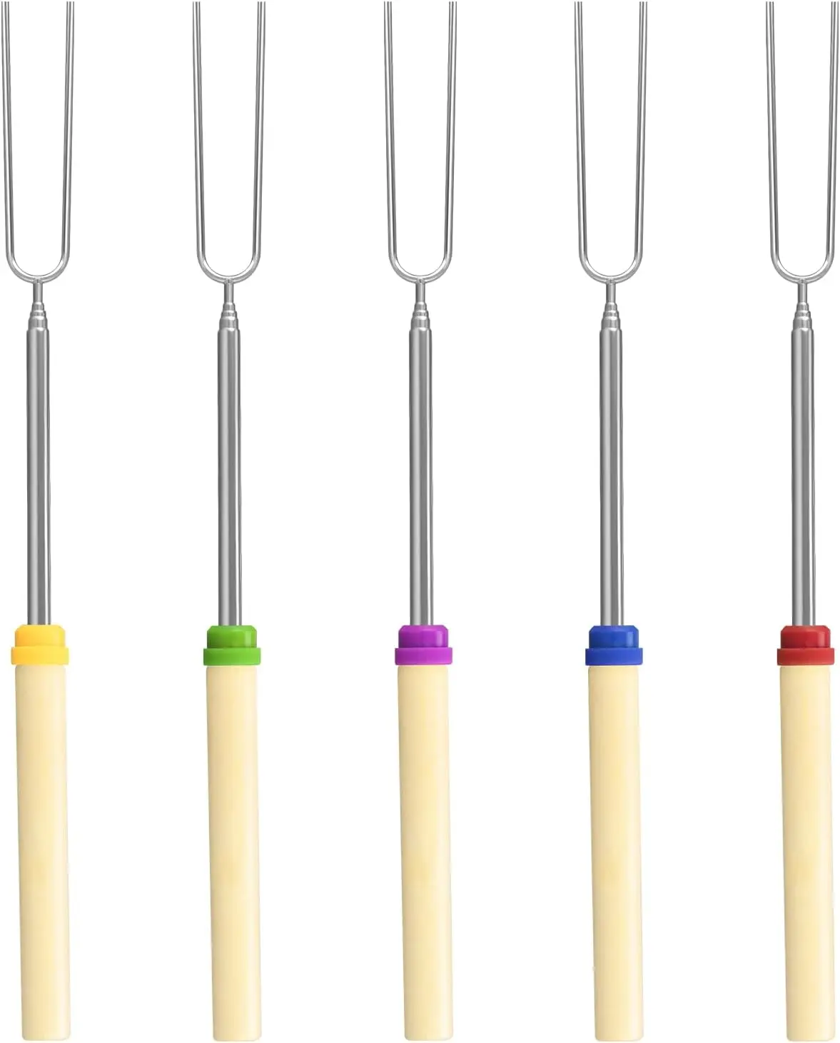 5 Pack Marshmallow Roasting Sticks Set, Extendable 32in Long Metal Barbecue Skewers with Wooden Handle, for Marshmallow, Hot Dogs, Camping, BBQ, Grill