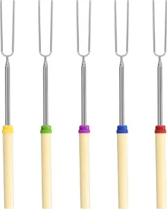 5 Pack Marshmallow Roasting Sticks Set, Extendable 32in Long Metal Barbecue Skewers with Wooden Handle, for Marshmallow, Hot Dogs, Camping, BBQ, Grill