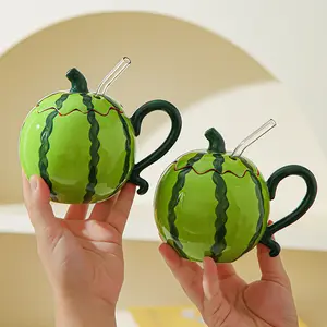 Creative Watermelon Ceramic Straw Cup, Cute Fruit Shape Mug with Lid, Heat Resistant Cold Drink Cup for Juice Tea Ice Cream