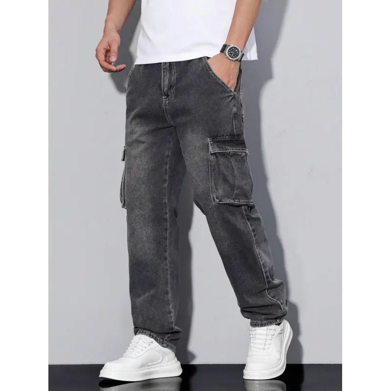 Men Washed Workwear Jeans, Straight-Leg Casual Denim Pants, Durable Daily Bottoms For Work And Casual Outdoor Occasions