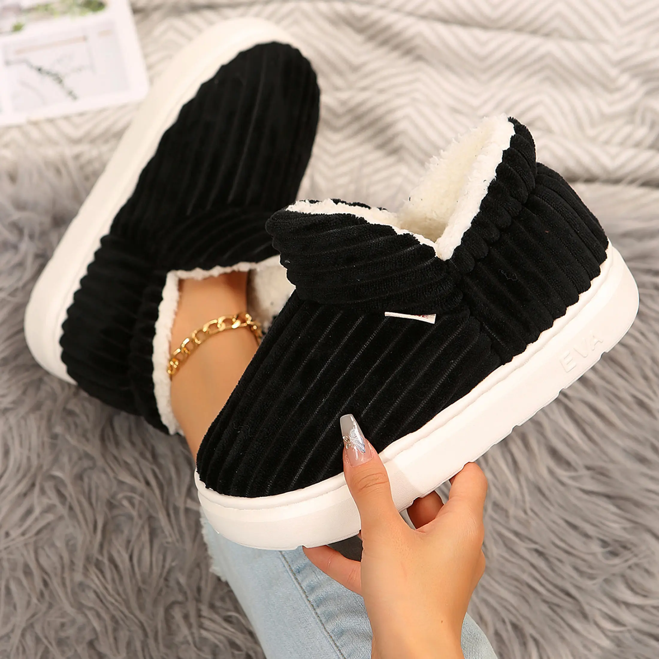 Plush Lined Corduroy Women's Slippers Winter Warm Mini Snow Boots Platform Comfortable Indoor Outdoor Footwear Shoes