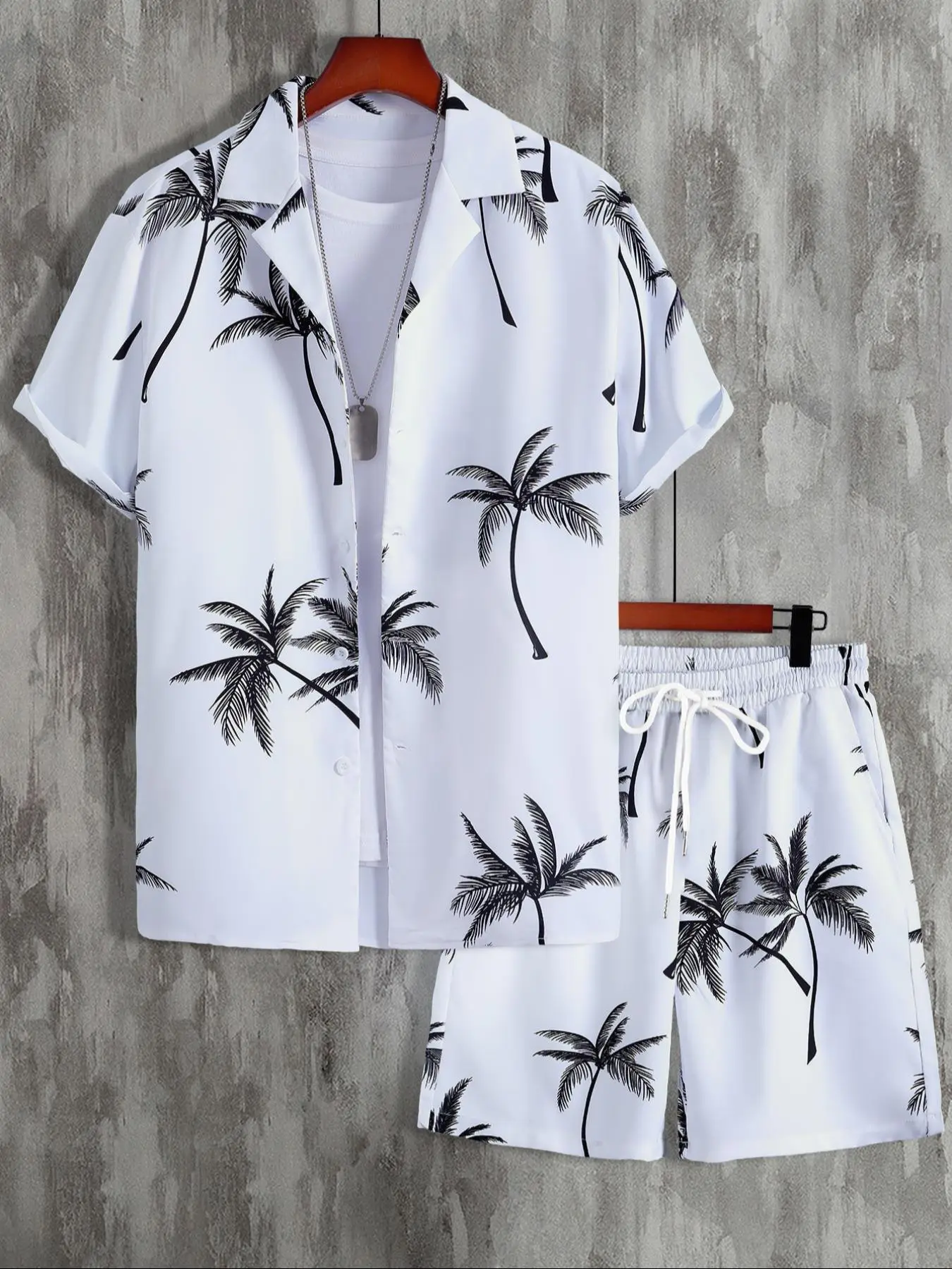 Two Counts Men's Back To School Coconut Tree Print Shirt & Pocket Drawstring Shorts Two-piece Set, Summer Outfits 2024, Men's Clothing, Regular Fit Tr