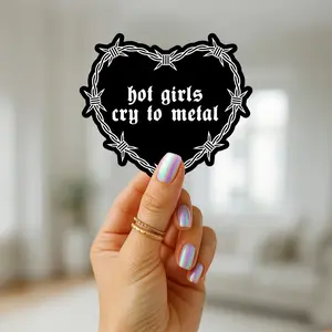 Hot Girls Cry to Metal Sticker – Barbed Wire Heart Vinyl Decal for Alt Girls, Emo Aesthetic Lovers, and Emotional Metal Fans – Perfect for Laptops, Water Bottles, Journals – Sleep Token Inspired Goth Grunge Band Merch for TikTok Trendsetters