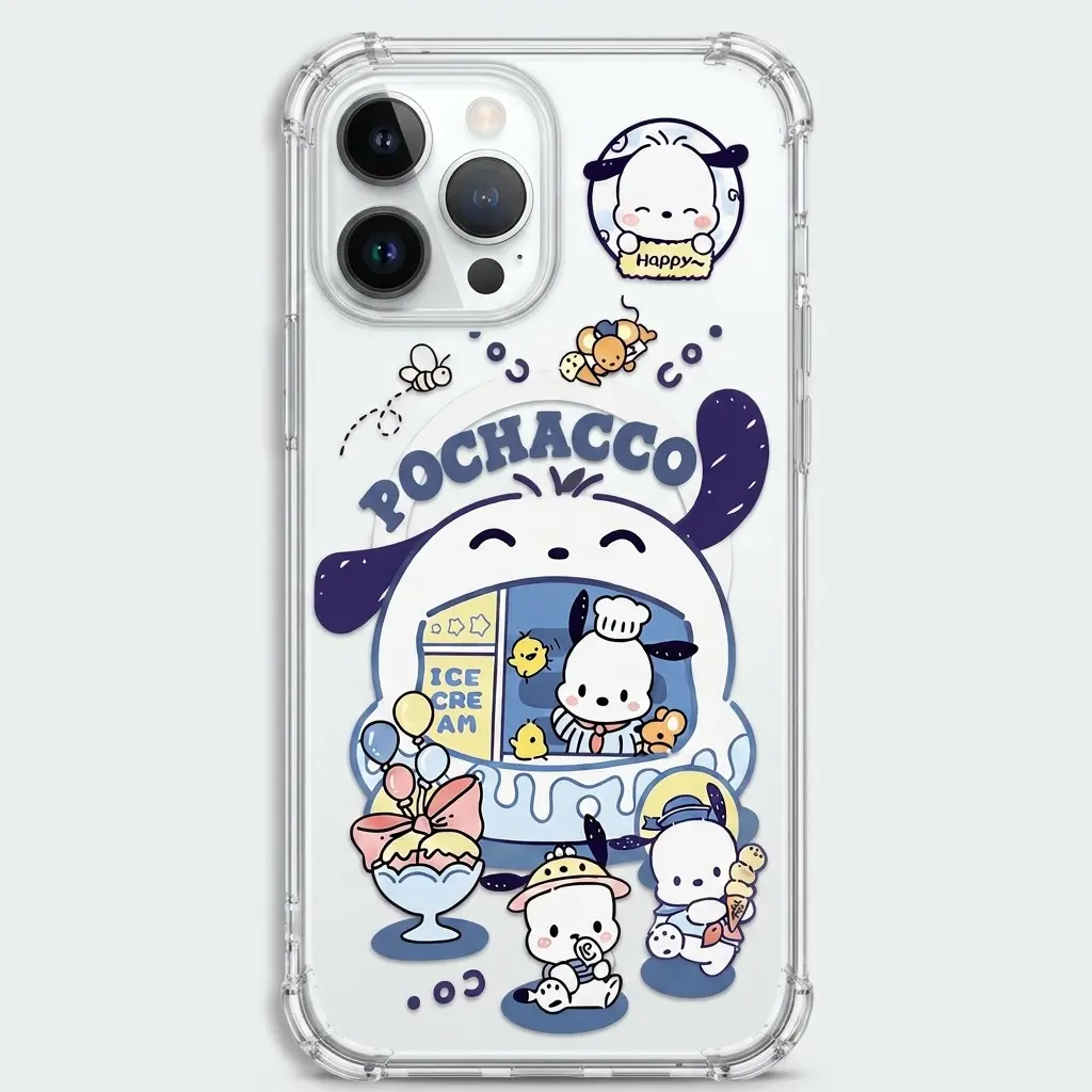 PPochacco Ice Cream Clear Case for iPhone 11-17 Pro Max, Cute Kawaii Sanrio Transparent MagSafe Protective Phone Cover, Soft Girl Pink Blossom Puppy Case, Slim Shockproof Protective Case, Gift for her