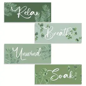 Sage Green Bathroom Wall Decor, 4 Counts/set Letter Pattern Wooden Wall Art, Wood Grain Print, Rustic Wall Decor for Bedroom Living Room Office Decorations, Artistic Ornaments