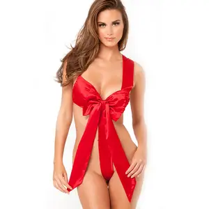 Plus-size Sexy Lingerie with Big Red Bow Bridal Temptation Bodysuit with Thong Sexy Pajamas in Nylon crystal belt christmas lingerie party Velvet Santa Costume Cape reversible  swim  suit myst  fash  ion