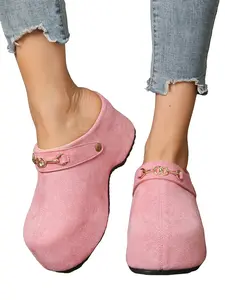 Women's Thick Sole Mules with Vintage Metal Buckle, Slip-On Large Size Open Toe Half Slippers, Casual Daily Wear