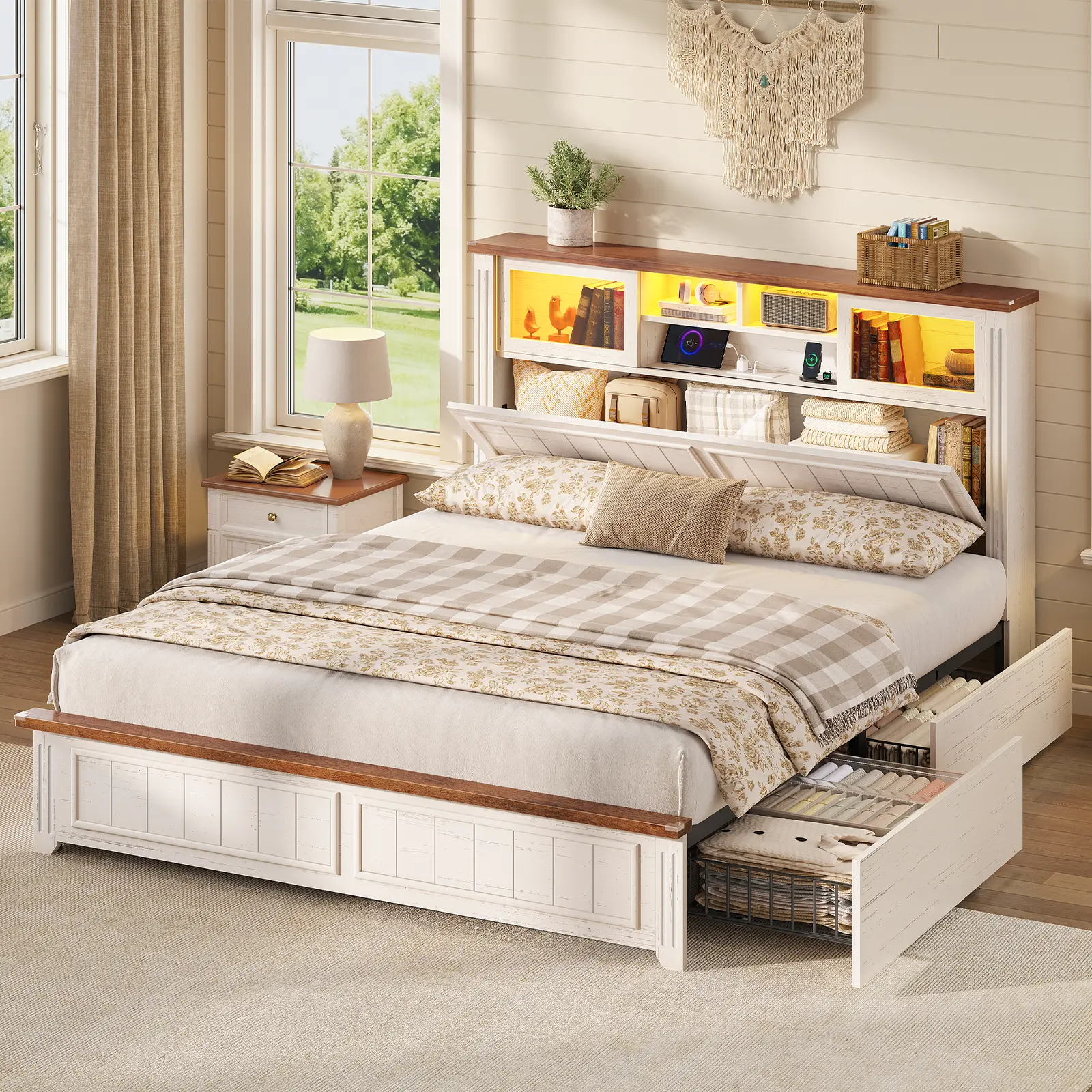 AOGLLATI Full Size Wooden Bed Frame - LED Storage Bed with 4 Hidden Drawers, 3-Tier Headboard, Acrylic Sliding Door, Charging Station for Bedroom Decor, Wooden Bedframe