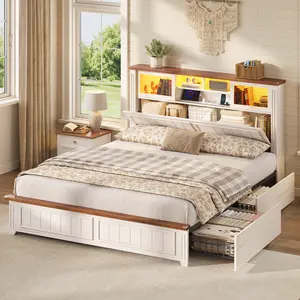 AOGLLATI Queen Farmhouse Bed Frame with 3-Tier Storage Hidden Headboard & 4 Drawers, Queen Size Wooden Bed Frame with Sliding Acrylic Door, LED Lights & Charging Station
