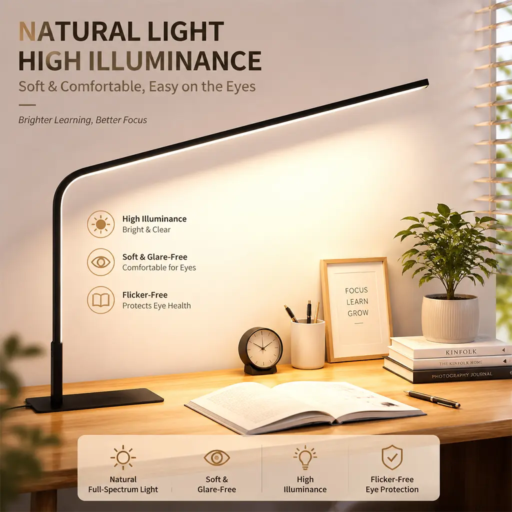 Full Spectrum LED Desk Lamp, Eye-Caring Table Lamp With 3 Color Modes, Stepless Dimming,High CRI Less Than 90, Flicker-Free Wide Area lllumination For Studying, Reading And HomeOffice 185/250