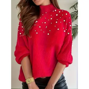 Fashion High Neck Pearl Beaded Pullover Long Sleeve Casual Women's Sweater
