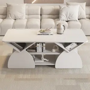 47" Rectangle Coffee Table, Mid Century Modern Coffee Tables with Open Shelves & Sturdy Frame, Rounded Corners, Geometric Design, Engineered Wood Center Table for Living Room