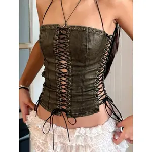 Premium Leather Bustier Tank Top, Faux Leather Cross Strap Halter Crop Top, Punk Sexy Girl Summer