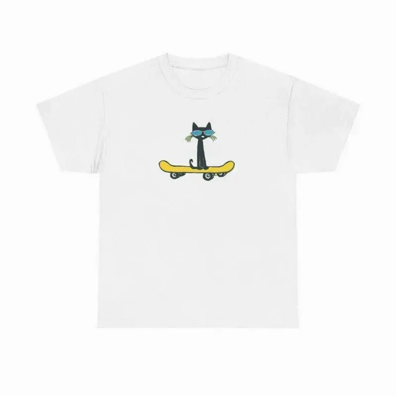 [100% Cotton]  Pete The Cat On Skateboard T-Shirt, Funny Meme Shirt, Cartoon Character Shirt, Simple Style Golf Gift T-Shirt For Men And Women
