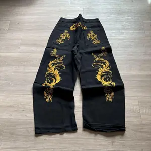 Gold Baroque Baggy Jeans – Y2K Luxury Streetwear Wide Leg Denim Vintage Designer Aesthetic Pants Black Gold