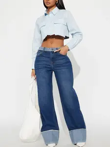 Social Hour Cuffed Wide Leg Jeans - Dark Wash