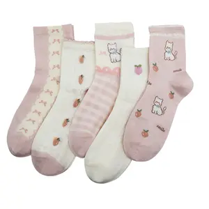 DIYBIRD Cute Thin Crew Socks for Women Viscose Bamboo Cotton Girls Ankle Pattern Stripe Novelty Preppy Sock 5 Pairs
