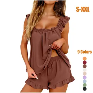 Womens Pajamas Set 2 Piece Ruffle Pj Soft Tank Top and Shorts Sleepwear Set Bridal Pajama for Women Set