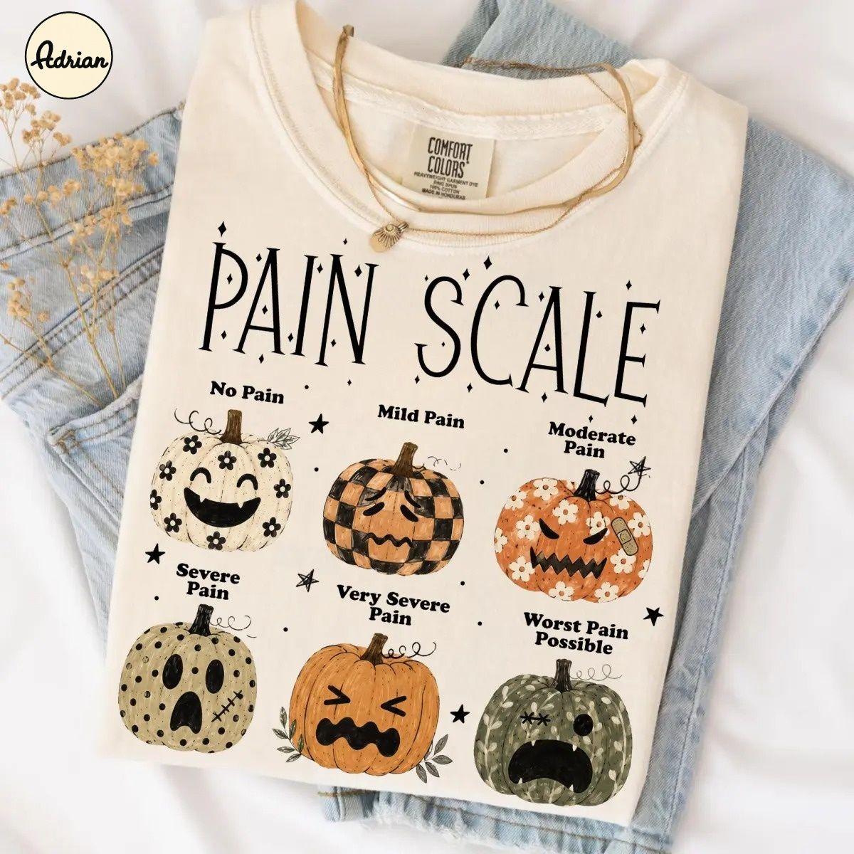 Halloween Nurse Shirt by Adrian Originals, Funny Pain Scale Nurse T-shirt, Boho Floral Pumpkin Graphic Tee, Garment-Dyed Vintage Style, Soft Premium Cotton, Made In The USA